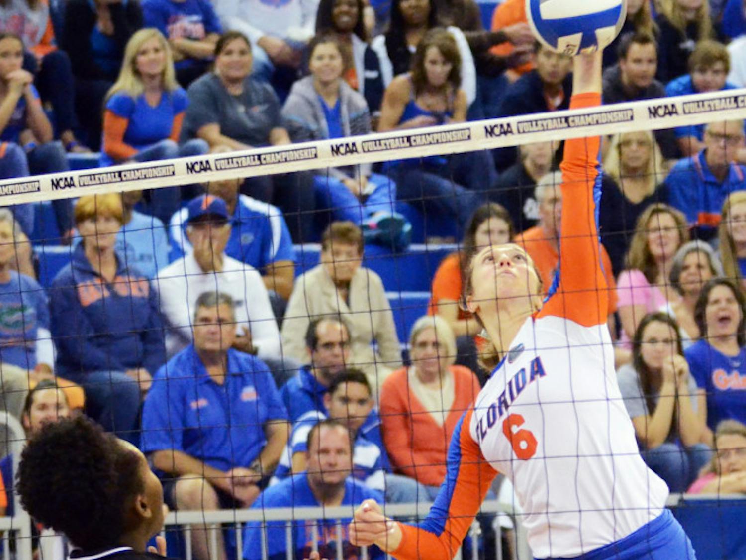 Mackenzie Dagostino swings for a kill attempt during Florida's 3-0 win against Alabama State in the first round of the NCAA Tournament on Friday in the O'Connell Center.