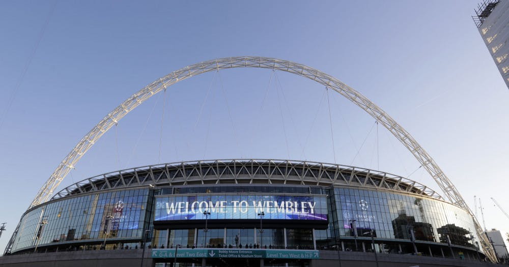 FILE - This Oct. 3, 2018 file photo shows a view of the exterior of Wembley Stadium in London. The Jacksonville Jaguars will play two home games in London next season, strengthening the franchise’s foothold in an overseas market the NFL is eager to expand. The Jaguars will play back-to-back games at historic Wembley Stadium, giving them a potential “home-field” advantage in the second one since they won’t have to travel that week. Specific dates were not announced.(AP Photo/Kirsty Wigglesworth, File)