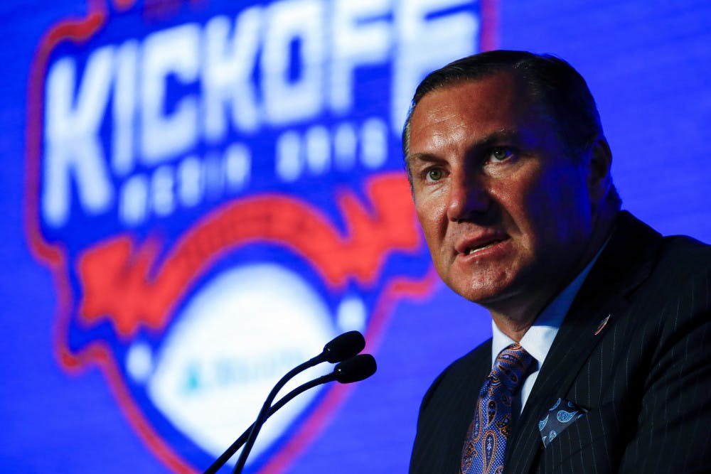 <p>Head Coach Dan Mullen, of Florida, speaks during the NCAA college football Southeastern Conference Media Days, Monday, July 15, 2019, in Hoover, Ala. </p>
