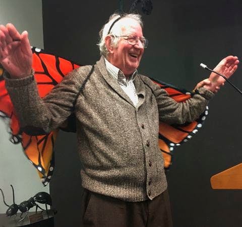 Lincoln Brower wears a monarch butterfly costume. “He was very humble and enthusiastic, interested in everything, a very gracious gentleman — just a wonderful human being,” said his former colleague Jane Brockman.