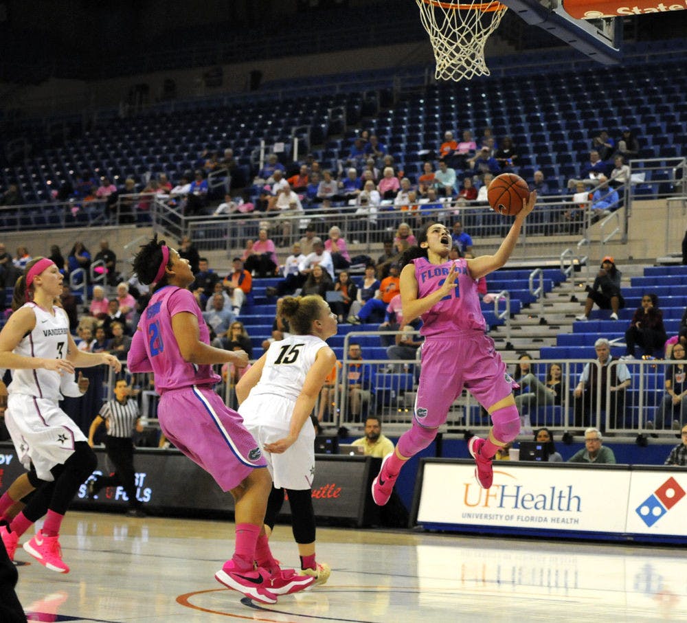 Eleanna Christinaki goes airborne for a layup during UF's 79-67 win over Vanderbilt on Feb. 18, 2016, in the O'Connell Center.