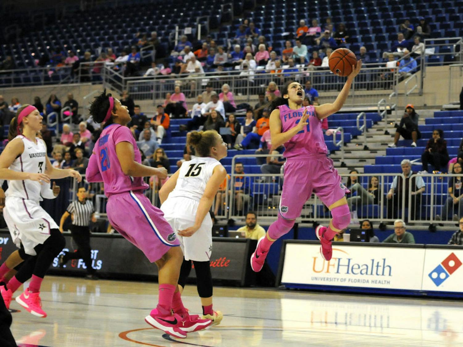 Eleanna Christinaki goes airborne for a layup during UF's 79-67 win over Vanderbilt on Feb. 18, 2016, in the O'Connell Center.