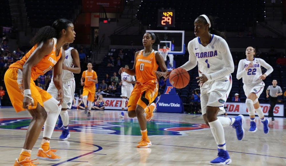 <p>UF forward Ronni Williams dribbles the ball during Florida's 84-75 loss to Tennessee on Jan. 26, 2017, in the O'Connell Center. </p>