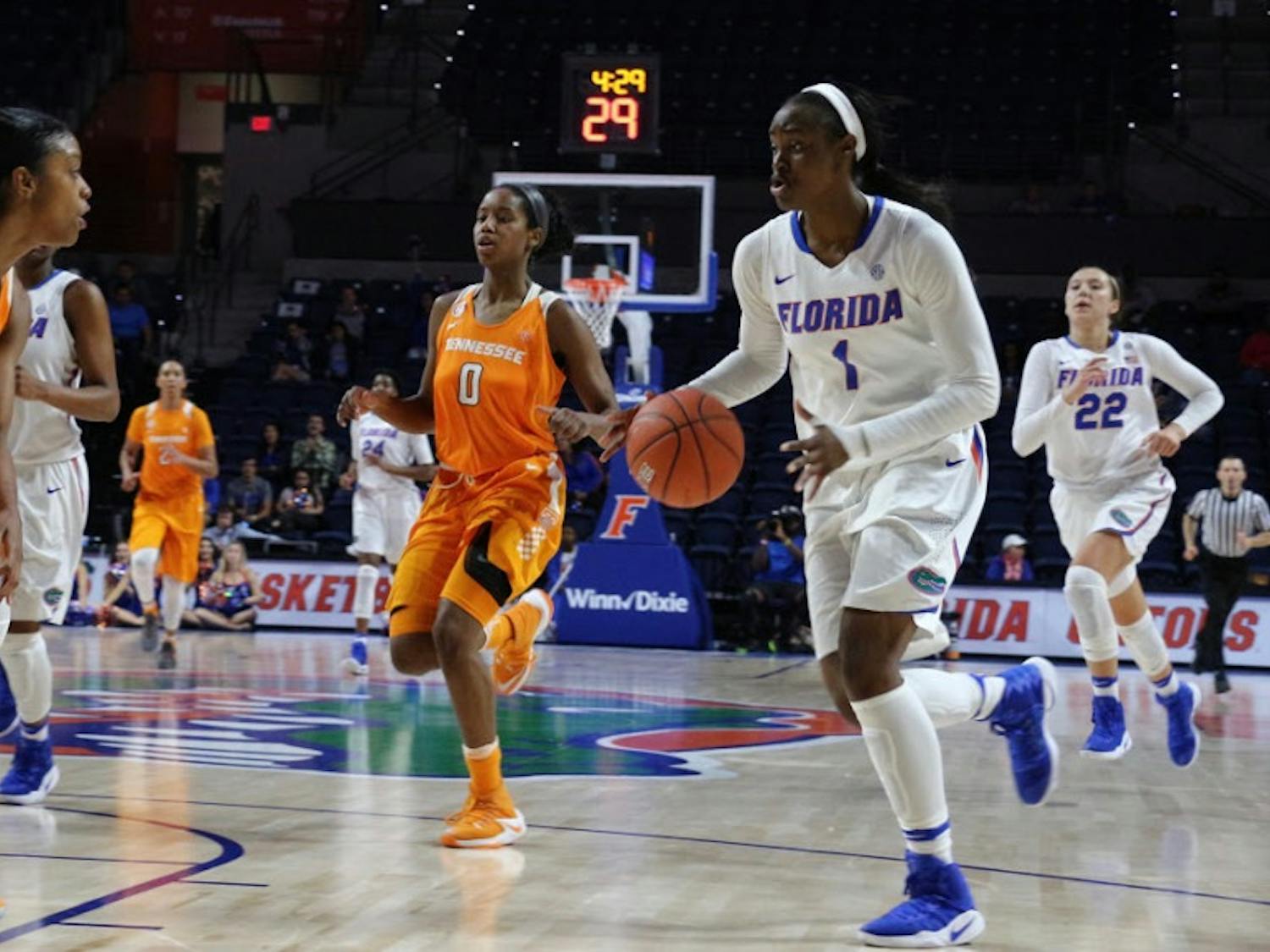 UF forward Ronni Williams dribbles the ball during Florida's 84-75 loss to Tennessee on Jan. 26, 2017, in the O'Connell Center. 