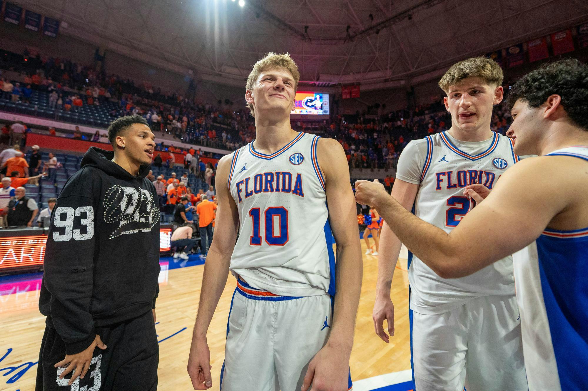 Florida forward Thomas Haugh (10) smiles after winning an NCAA college basketball game against Kentucky, Saturday, Feb. 14, 2026 at Exactech Arena in Gainesville, Fla.