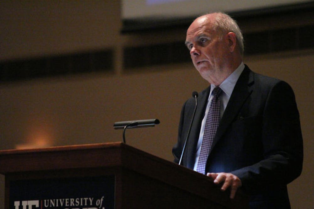 <p>UF President Bernie Machen gives his State of the University speech Thursday in the Reitz Union. He talked about the development of UF eCampus, Florida Core curriculum and expanding faculty resources, among other projects.</p>
