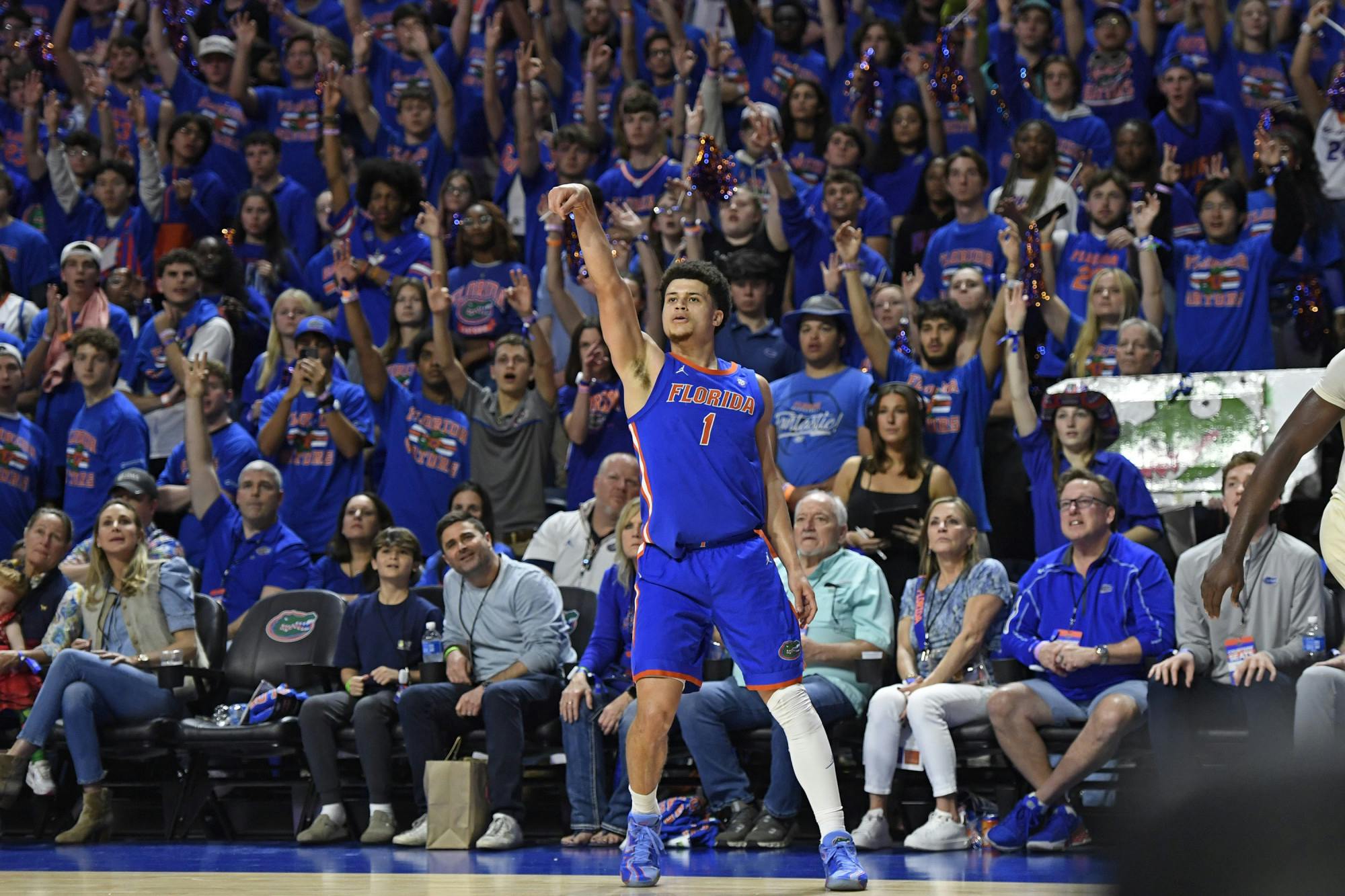 UF basketball player Walter Clayton Jr. (1) scores as the audience erupts during the game against the Texas Longhorns on Saturday, January 18, 2025, at the O’Connell Center in Gainesville, Florida.