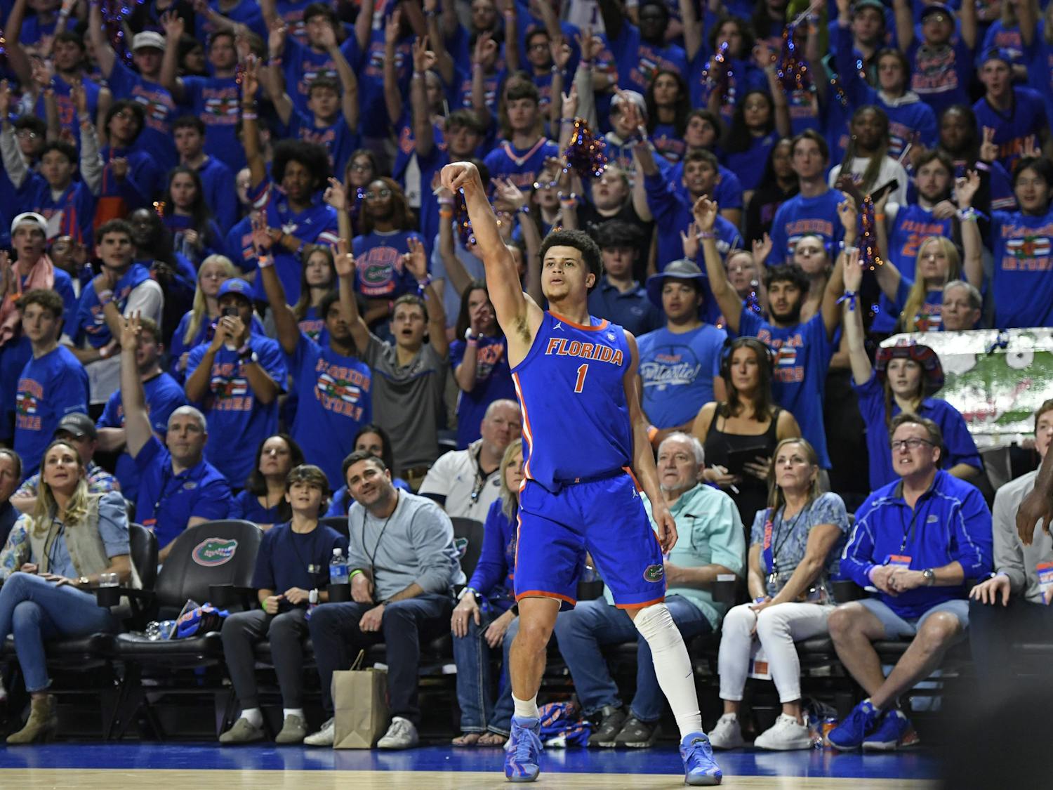 UF basketball player Walter Clayton Jr. (1) scores as the audience erupts during the game against the Texas Longhorns on Saturday, January 18, 2025, at the O’Connell Center in Gainesville, Florida.
