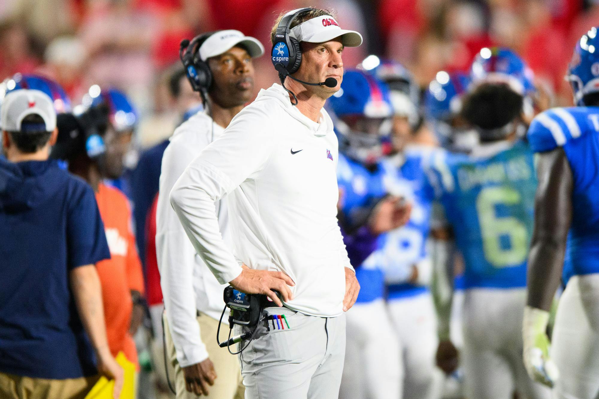 Ole Miss Rebels head coach Lane Kiffin during the second half of an NCAA college football game, Saturday, Nov. 15, 2025, in Oxford, Miss.