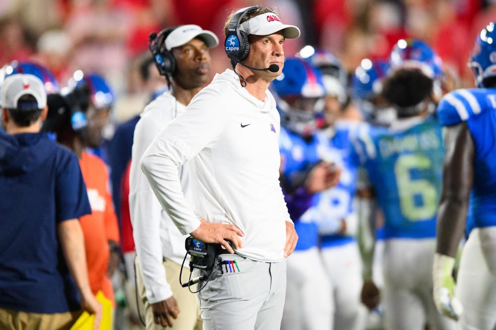 Ole Miss Rebels head coach Lane Kiffin during the second half of an NCAA college football game, Saturday, Nov. 15, 2025, in Oxford, Miss.