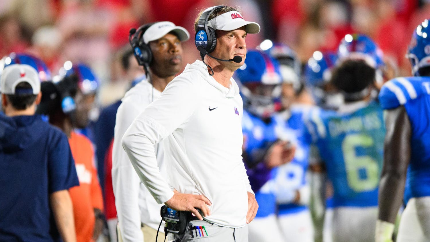 Ole Miss Rebels head coach Lane Kiffin during the second half of an NCAA college football game, Saturday, Nov. 15, 2025, in Oxford, Miss.