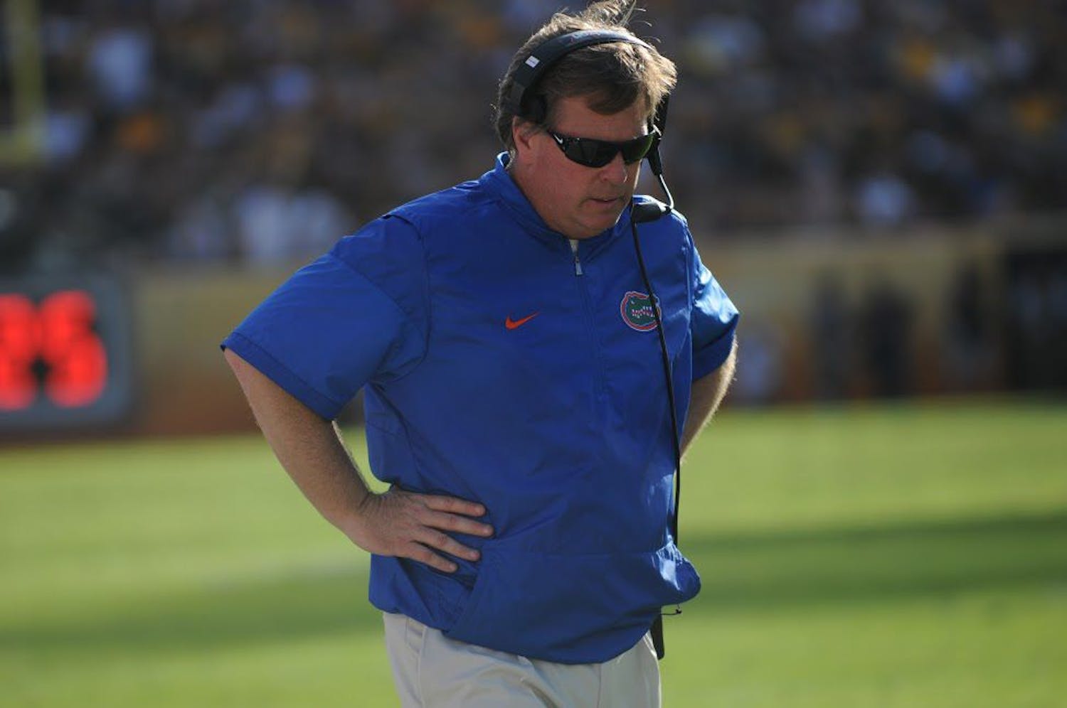 UF coach Jim McElwain looks down in disapproval during Florida's 30-3 win over Iowa in the Outback Bowl on Jan. 2, 2017, at Raymond James Stadium in Tampa.&nbsp;