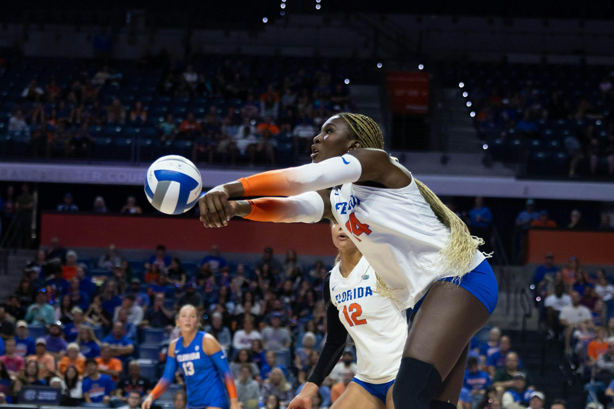 Gators outside hitter Jordyn Byrd (14) passes the ball during a match against Vanderbilt at the Stephen C. O'Connell Center in Gainesville, Florida, on Sunday, Oct. 12, 2025.