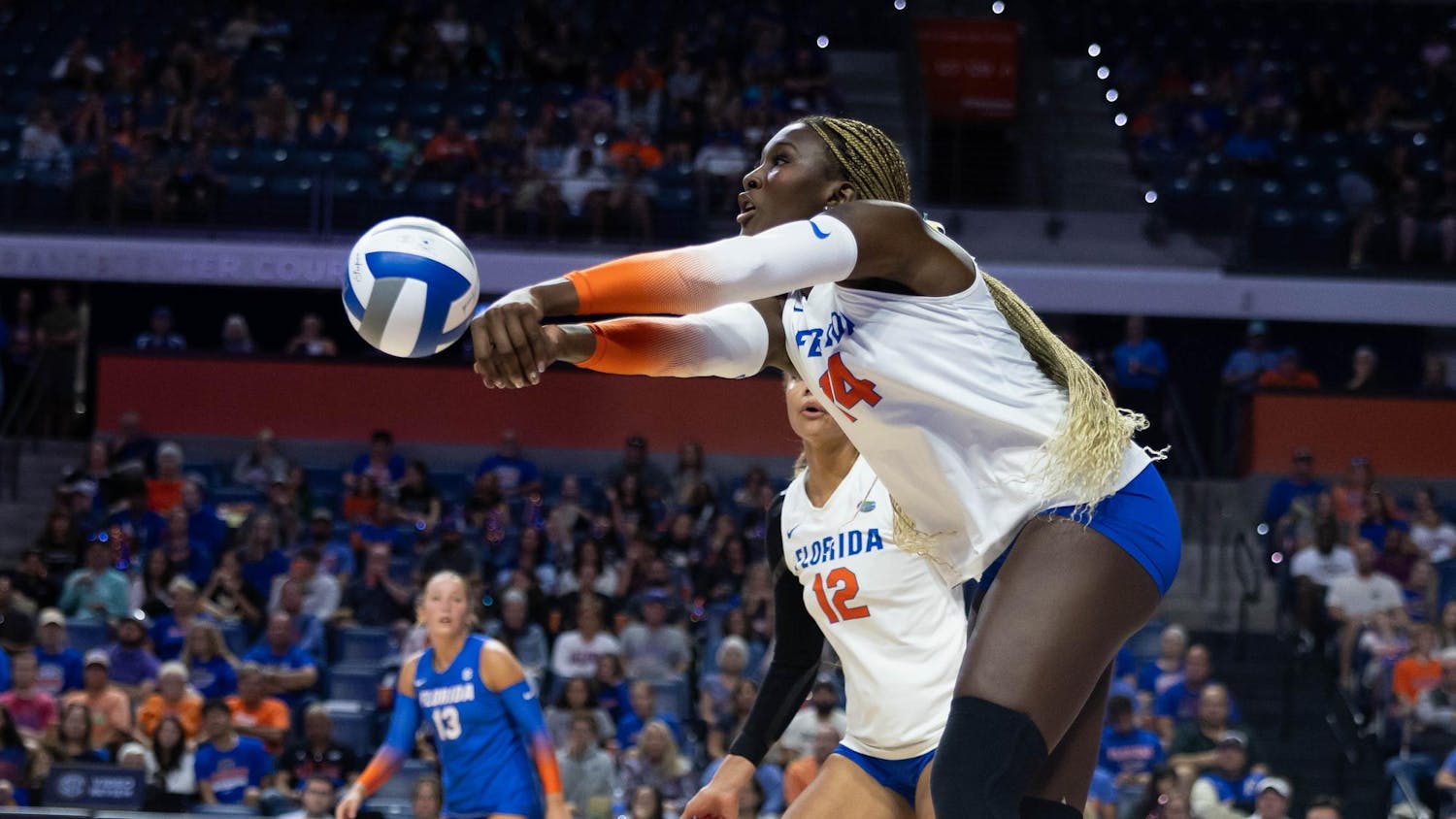 Gators outside hitter Jordyn Byrd (14) passes the ball during a match against Vanderbilt at the Stephen C. O'Connell Center in Gainesville, Florida, on Sunday, Oct. 12, 2025.