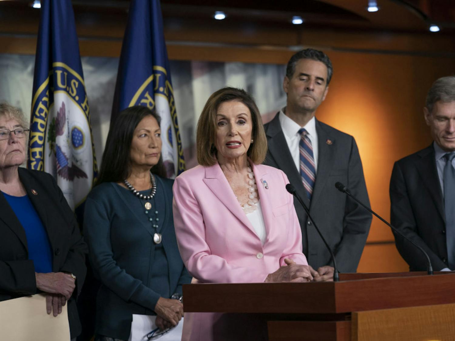 Speaker of the House Nancy Pelosi, D-Calif., leads other House Democrats to discuss H.R. 1, The For the People Act, which passed in the House but is being held up in the Senate, at the Capitol in Washington, Friday, Sept. 27, 2019. From left are, Rep. Zoe Lofgren, D-Calif., a member of the House Judiciary Committee, Rep. Deb Haaland, D-N.M., Rep. John Sarbanes, D-Md., and Rep. Tom Malinowski, D-N.J. (AP Photo/J. Scott Applewhite)