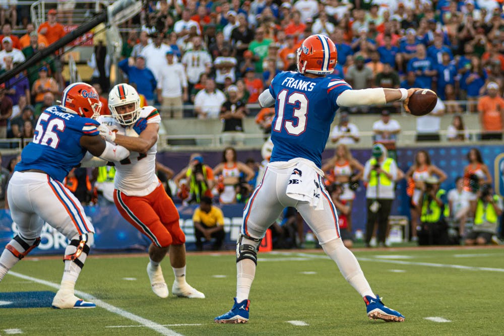 Florida quarterback Feleipe Franks went 17 of 27 with 254 yards, two touchdowns, two interceptions and a fumble in UF's 24-20 win over Miami Saturday.