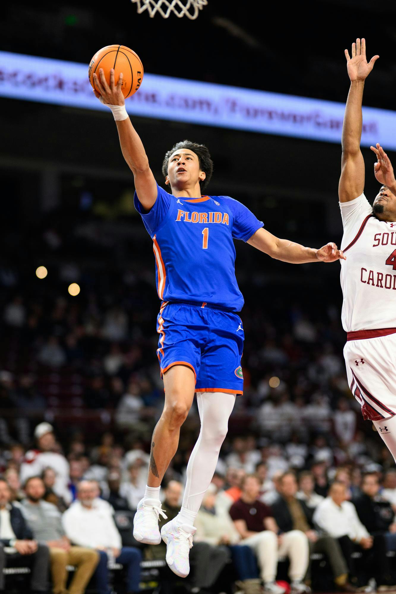 Florida guard Xaivian Lee (1) lays the ball up during the second half of an NCAA college basketball game against South Carolina, Wednesday, Jan. 28, 2026, in Columbia, S.C.