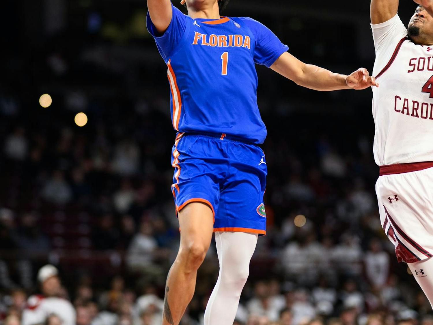 Florida guard Xaivian Lee (1) lays the ball up during the second half of an NCAA college basketball game against South Carolina, Wednesday, Jan. 28, 2026, in Columbia, S.C.