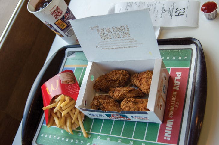 McDonald’s has recently added chicken wings, called Mighty Wings, to its menu. The wings come in sets of three, five and 10, at $2.99, $4.79 and $8.99, respectively.