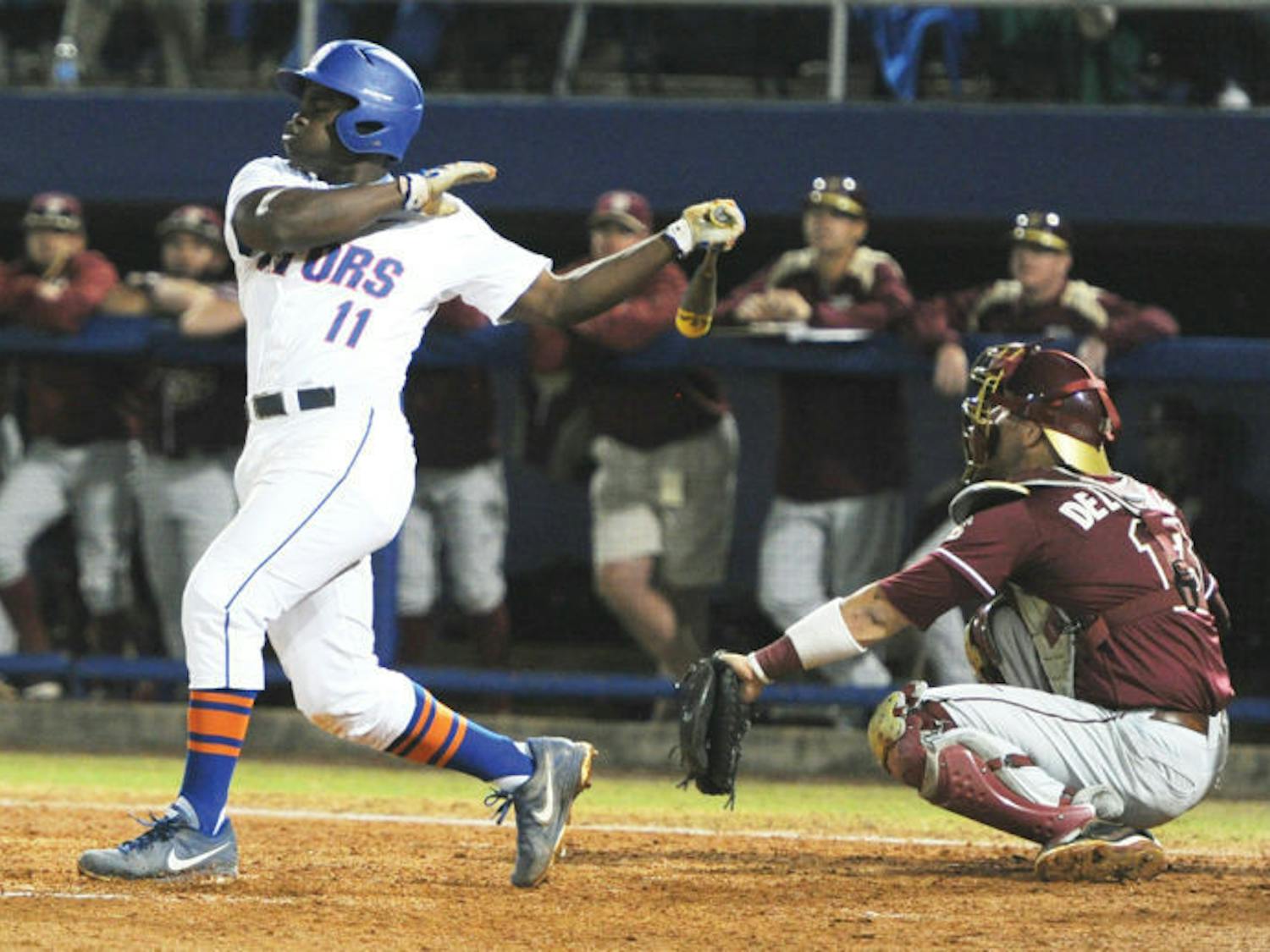 Josh Tobias bats during Florida’s 3-1 win against Florida State on March 18.