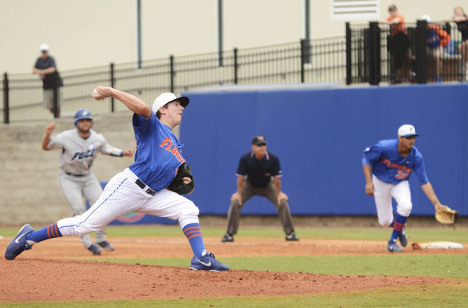 Sophomore Johnny Magliozzi pitches against Florida Gulf Coast on Feb. 24. Magliozzi surrendered five runs in 6.1 innings against Texas A&amp;M in the SEC Tournament Tuesday.