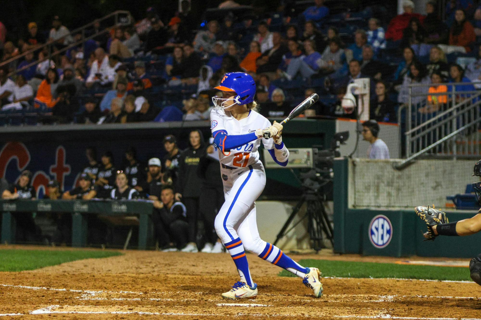 Florida left fielder Kendra Falby swings her bat during the Gators' 3-0 win against the Central Florida Knights Wednesday, March 8, 2023.