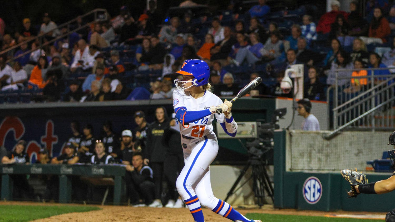 Florida left fielder Kendra Falby swings her bat during the Gators' 3-0 win against the Central Florida Knights Wednesday, March 8, 2023.
