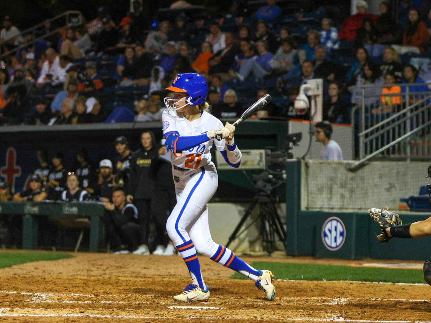 Florida left fielder Kendra Falby swings her bat during the Gators' 3-0 win against the Central Florida Knights Wednesday, March 8, 2023.