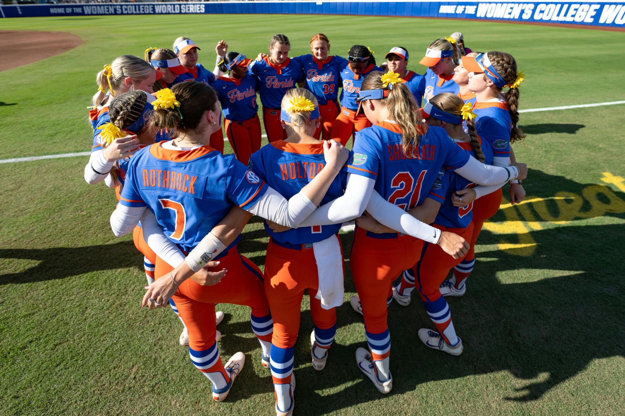 The Gators huddle before the fifth game of the NCAA Women’s College World Series vs. the Tennessee Lady Volunteers on Friday, May 30, 2025, at Devon Park in Oklahoma City, Oklahoma.