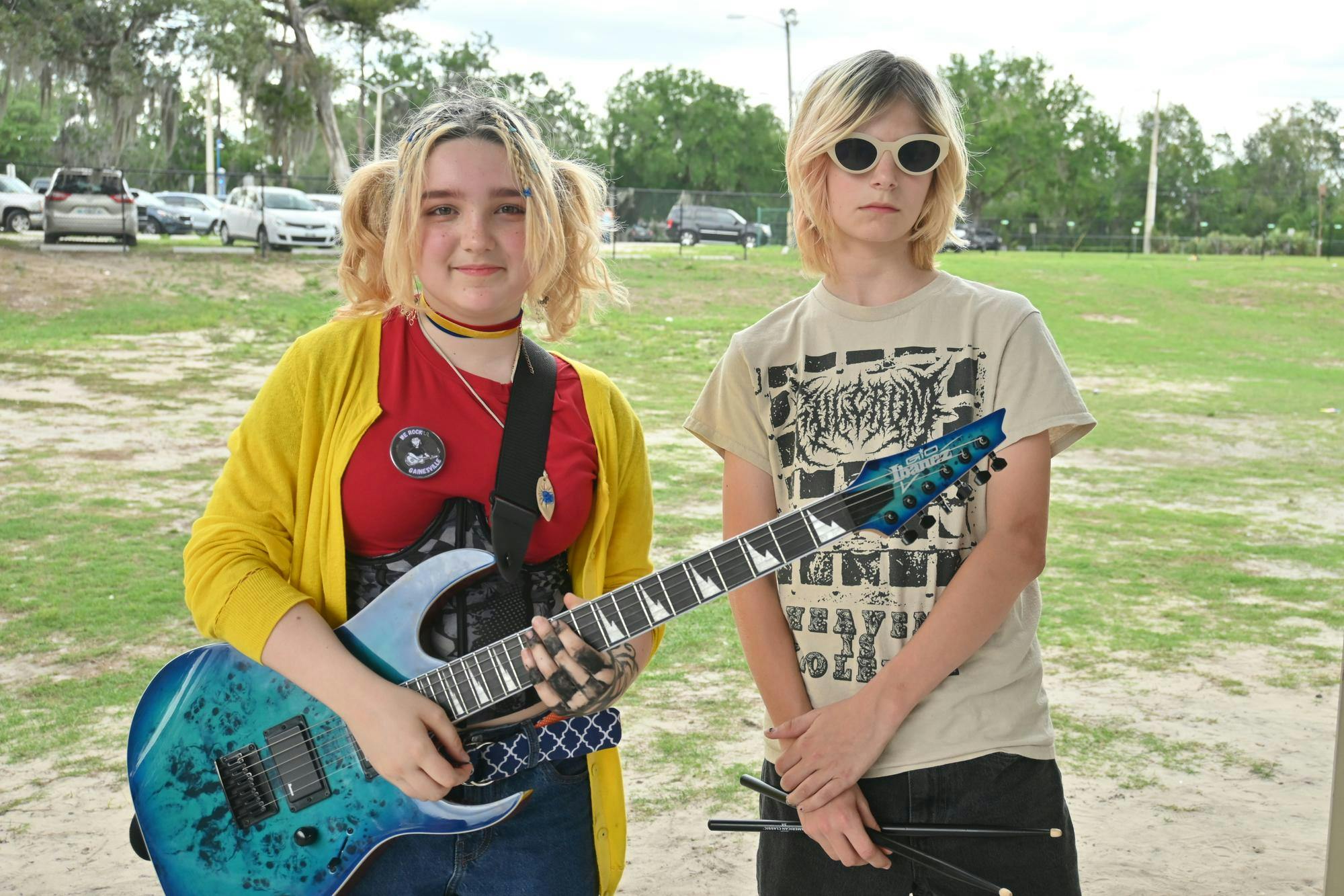 Gainesville young punk band, Youth Ambulance, poses together after a concert at P.K. Yonge Developmental Research School, Saturday, May 16, 2026, in Gainesville, Fla. 