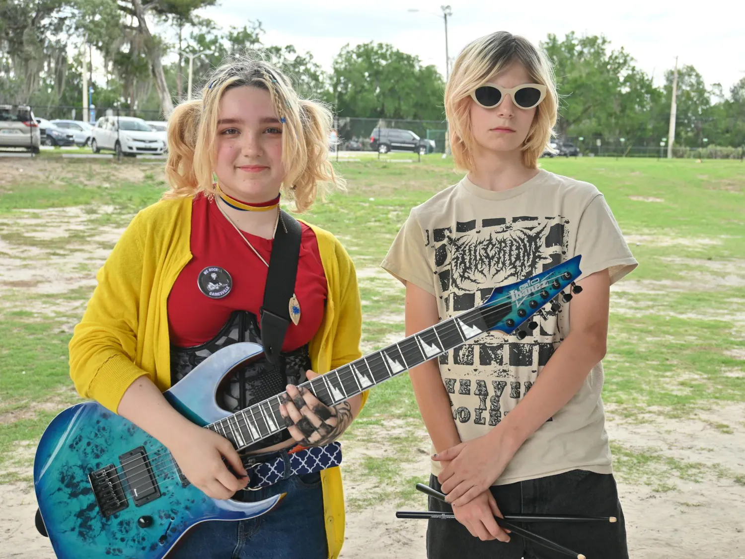 Gainesville young punk band, Youth Ambulance, poses together after a concert at P.K. Yonge Developmental Research School, Saturday, May 16, 2026, in Gainesville, Fla.