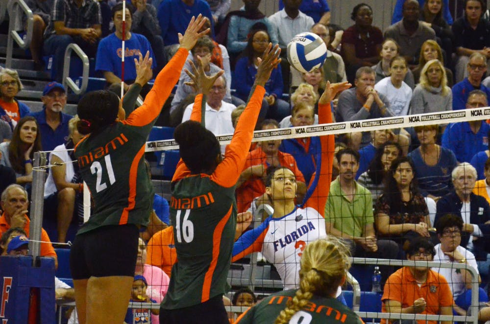 <p>Sophomore right-side hitter Alex Holston swings for a kill attempt during No. 8 seed Florida's 3-1 win against Miami in the second round of the NCAA Tournaent on Saturday in the O'Connell Center.</p>