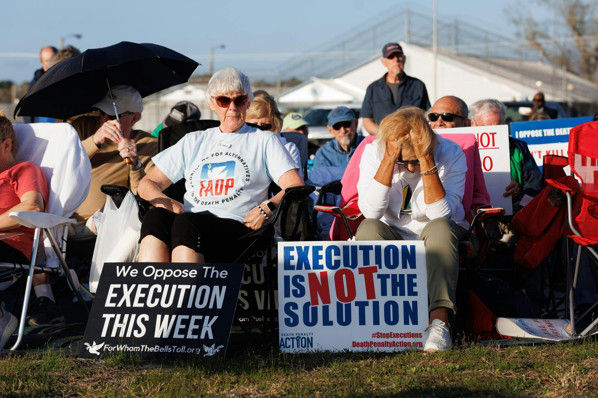 Protesters in opposition to the execution of Billy Leon Kearse gather outside the Florida State Prison. Kearse was executed at 6:02 p.m. in Raiford, Fla., Tuesday, March 3, 2026.