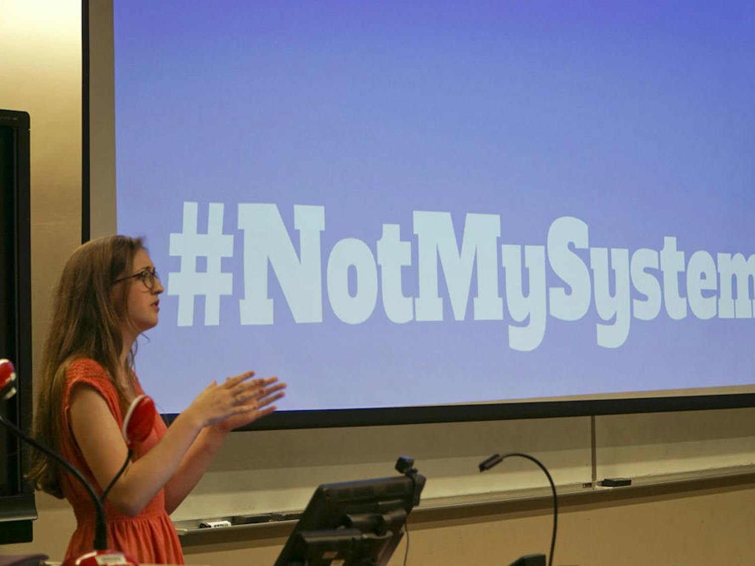 Sabrina Philipp takes questions during the Not My System town hall meeting at Turlington Hall on Feb. 16, 2016. On Tuesday, she hosted an online Q&A.