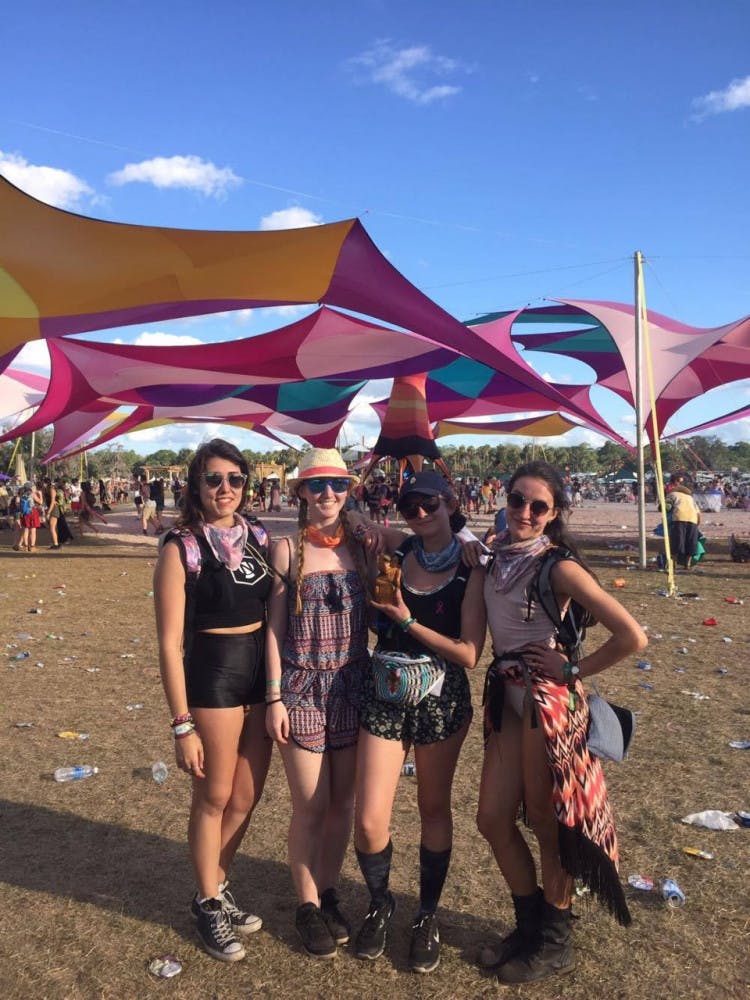 From left: Caroline Alfano, Nicole Scherten, Laura Delaney and Meghan Mapes pose together at Okeechobee Music Festival on March 4. The next day, Alfano and Scherten left for Alfano’s home in Boca Raton and died in a crash.