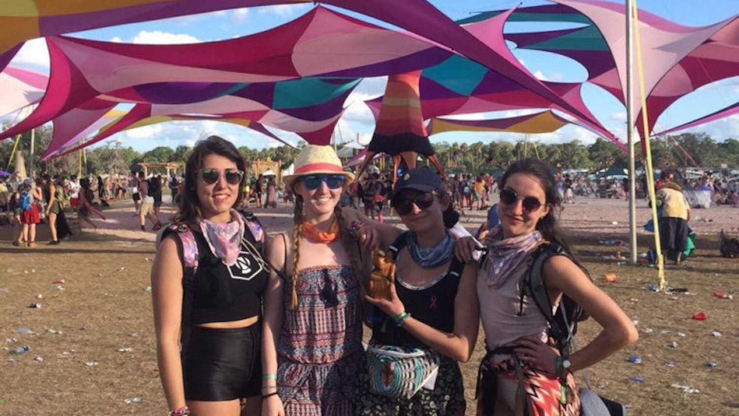From left: Caroline Alfano, Nicole Scherten, Laura Delaney and Meghan Mapes pose together at Okeechobee Music Festival on March 4. The next day, Alfano and Scherten left for Alfano’s home in Boca Raton and died in a crash.