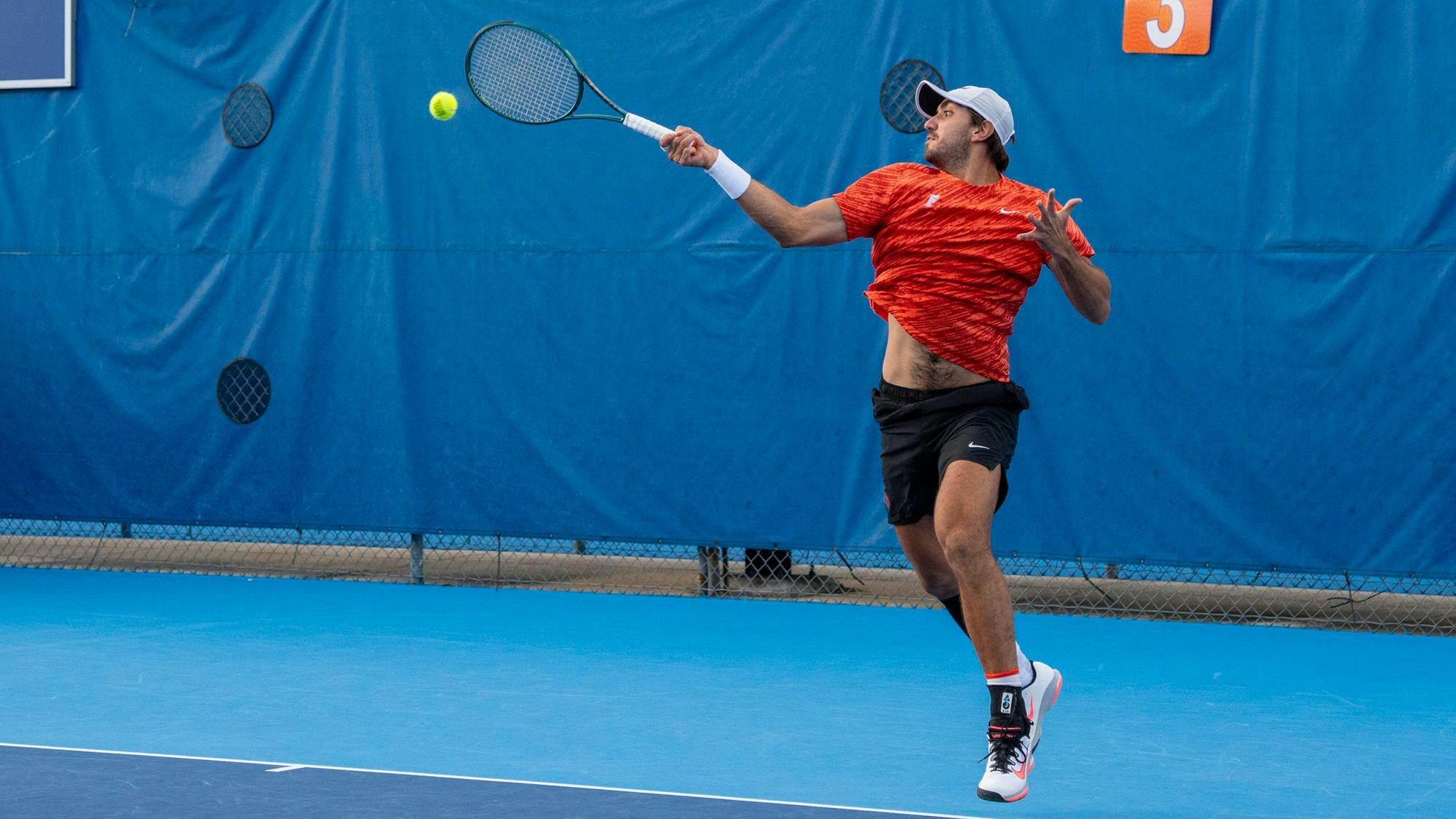 Florida’s Lorenzo Claverie returns the ball during an NCAA men's doubles tennis match against Florida State University, Friday, Jan 30, 2026, in Gainesville, Fla.&nbsp;