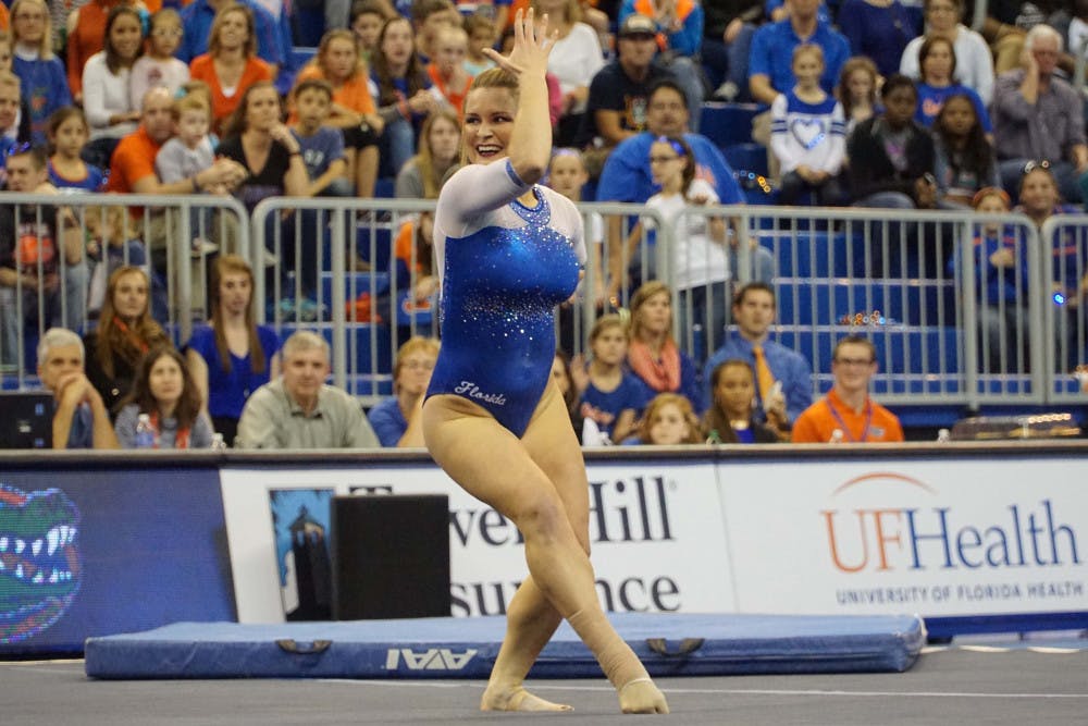 <p>UF’s Bridget Sloan performs her floor routine during Florida’s win against UCLA on Jan. 15, 2016, in the O’Connell Center.</p>