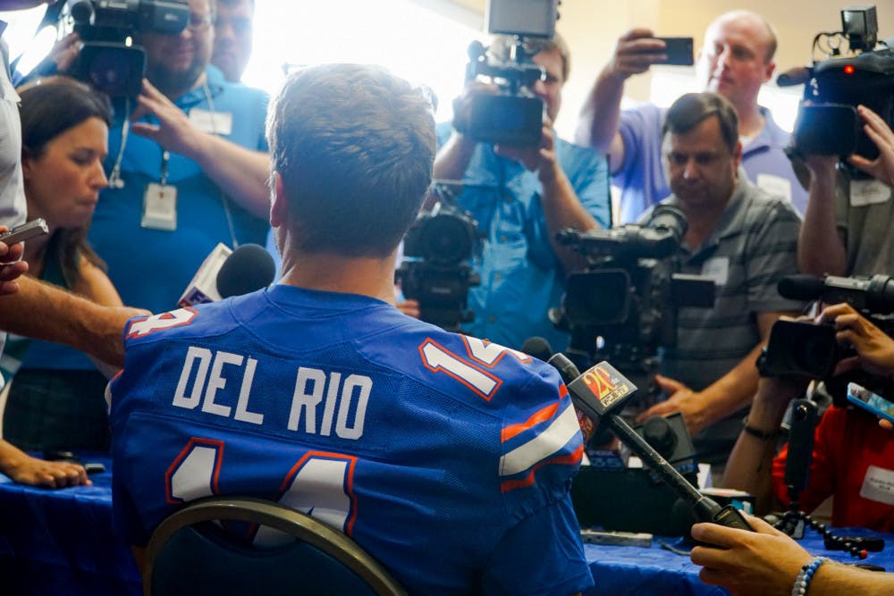 <p>Luke Del Rio fields questions during Florida's Media Day on August 3. The spotlight is on Del Rio, the son of Oakland Raiders head coach Jack Del Rio, to win the starting quarterback job at Florida.</p>