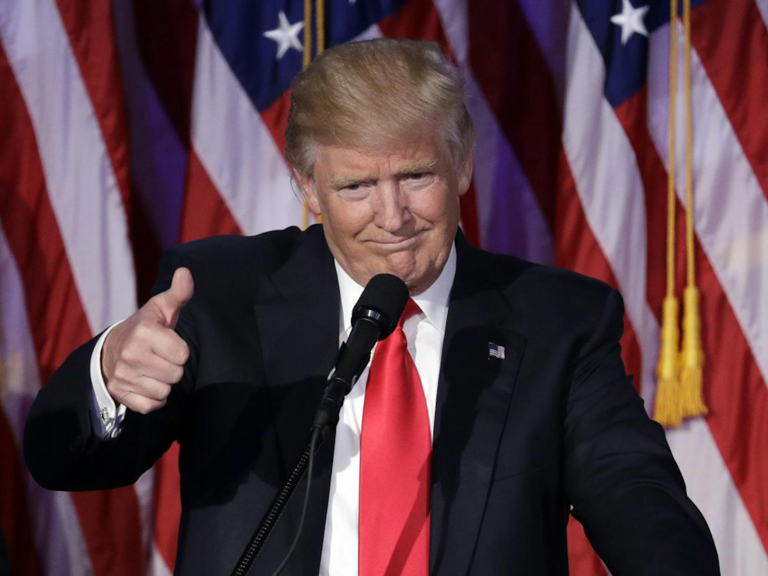 President-elect Donald Trump gives his acceptance speech during his election night rally, Wednesday, Nov. 9, 2016, in New York.
