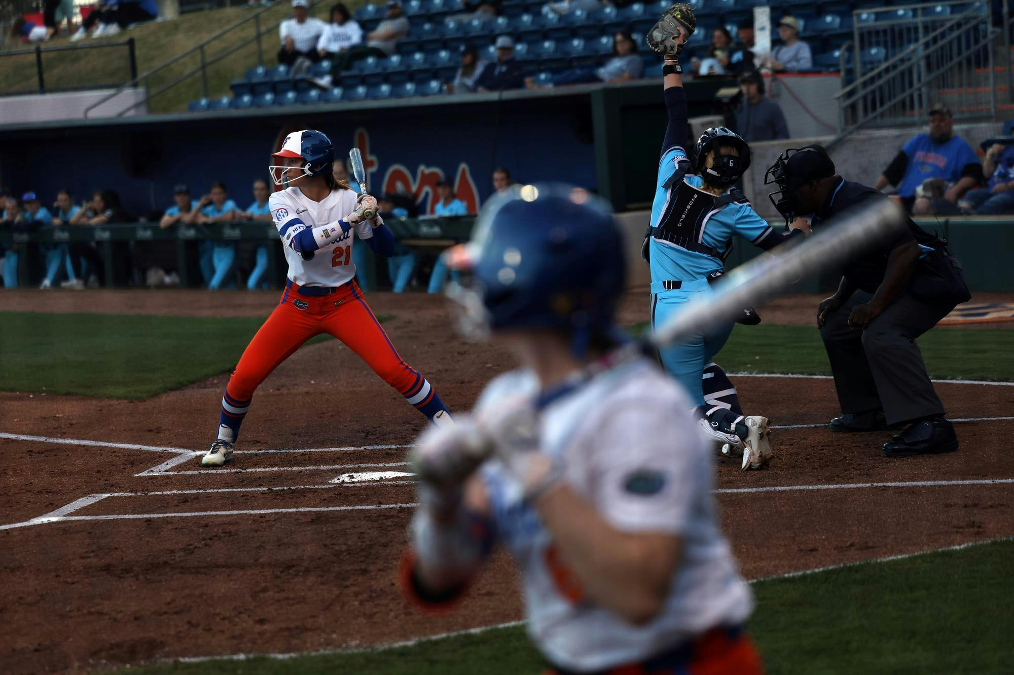 Taylor Shumaker stands at home plate during an NCAA softball game against North Florida, Tuesday, Feb. 17, 2026, in Gainesville, Fla.