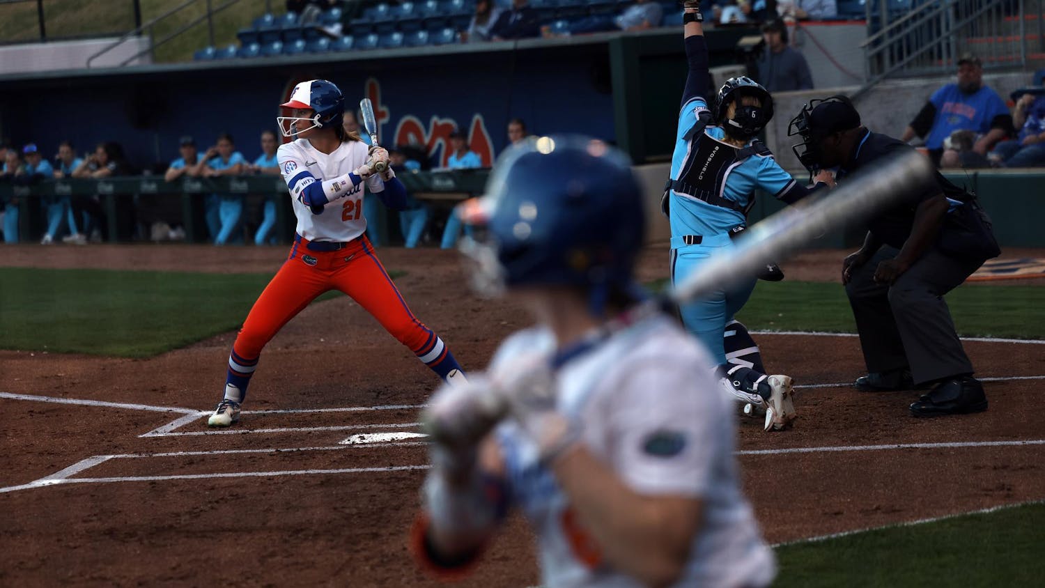 Taylor Shumaker stands at home plate during an NCAA softball game against North Florida, Tuesday, Feb. 17, 2026, in Gainesville, Fla.