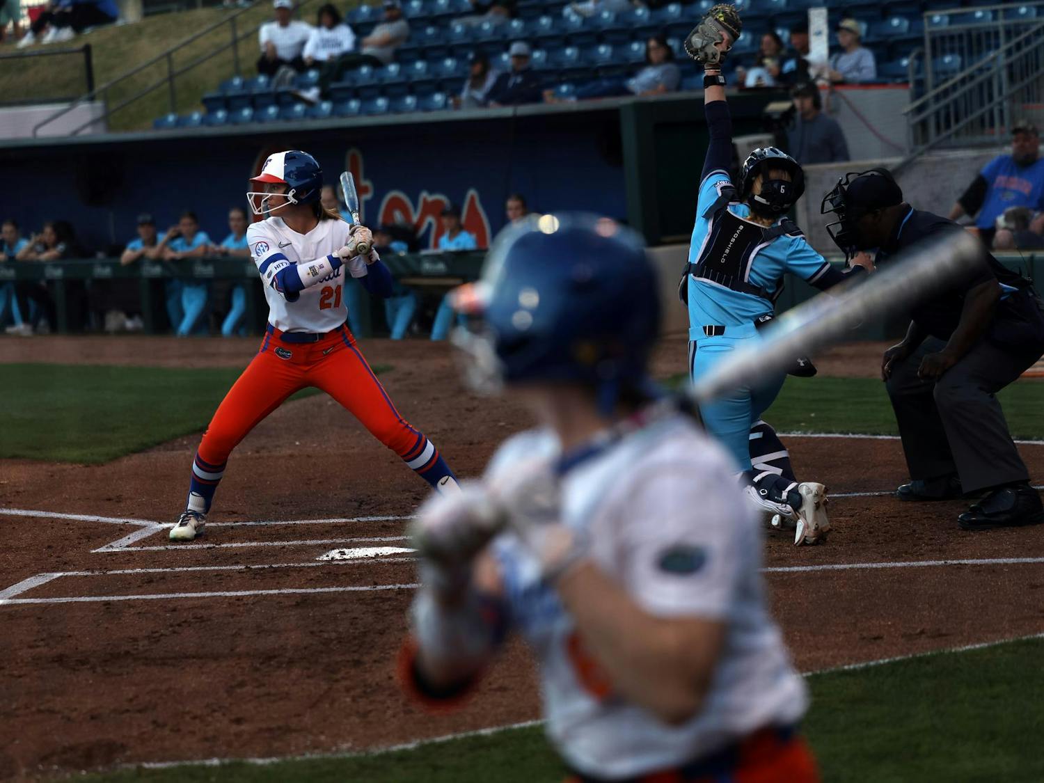 Taylor Shumaker stands at home plate during an NCAA softball game against North Florida, Tuesday, Feb. 17, 2026, in Gainesville, Fla.