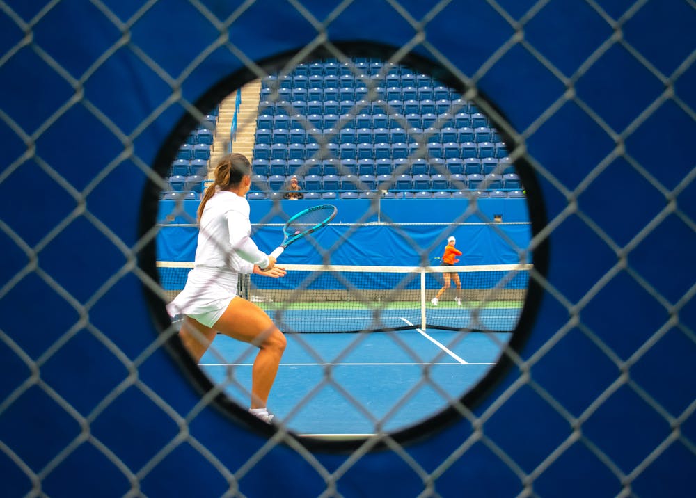 <p>UF Women&#x27;s Tennis player Talia Neilson-Gatenby returns the ball toward her opponent during the Florida Invitational on Jan. 11, 2025. (Credit: Kade Sowers)</p>