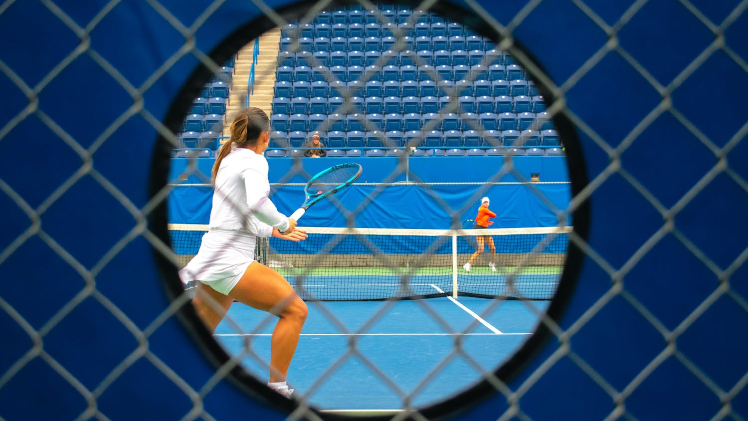 UF Women's Tennis player Talia Neilson-Gatenby returns the ball toward her opponent during the Florida Invitational on Jan. 11, 2025. (Credit: Kade Sowers)