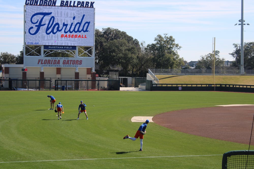 Florida's baseball team warms up before the Gators' second Spring scrimmage Saturday, Jan. 28, 2023.