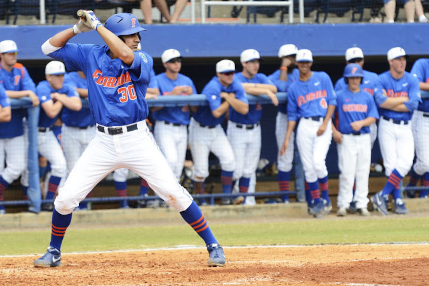 First baseman Vickash Ramjit bats during Florida’s 4-0 win against Ole Miss at McKethan Stadium on Sunday. Ramjit went 1 for 11 at the plate against Auburn.