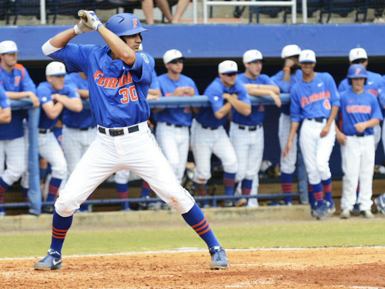First baseman Vickash Ramjit bats during Florida’s 4-0 win against Ole Miss at McKethan Stadium on Sunday. Ramjit went 1 for 11 at the plate against Auburn.