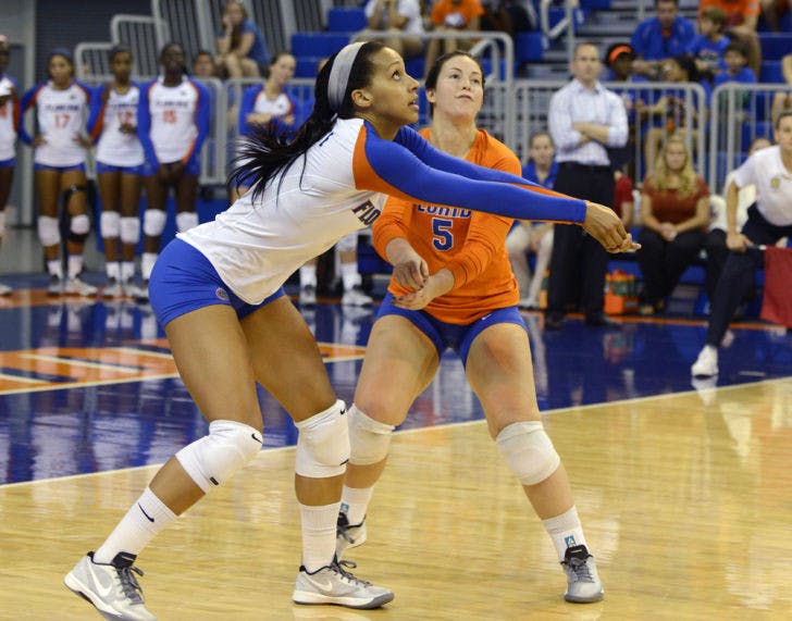 Gabby Mallette squats to bump the ball during Florida’s 3-0 win against Duke on Aug. 31 in the O’Connell Center. No. 5 Florida beat then-No. 2 Stanford on Saturday before losing to then-No. 1 Penn State on Sunday.