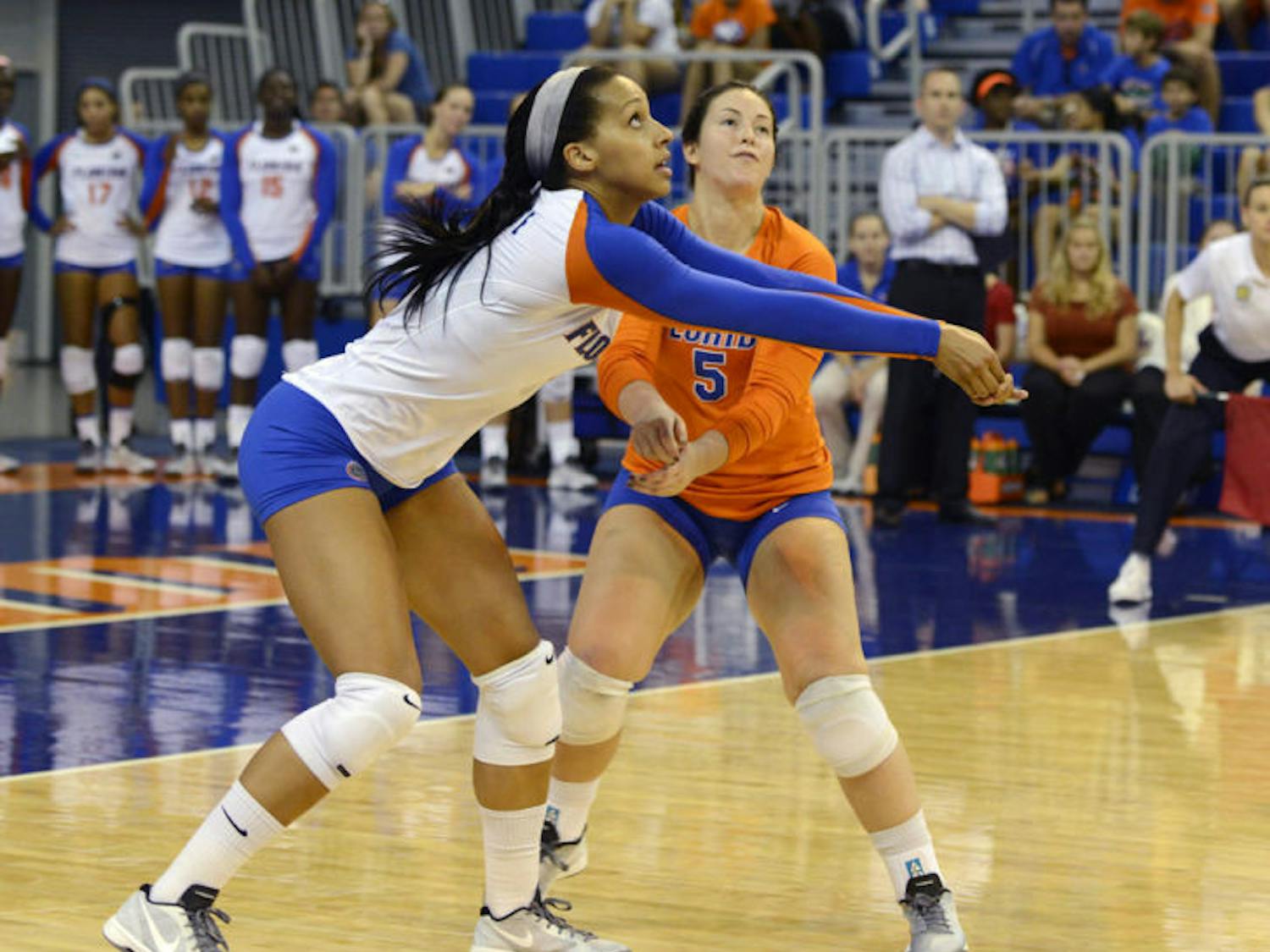 Gabby Mallette squats to bump the ball during Florida’s 3-0 win against Duke on Aug. 31 in the O’Connell Center. No. 5 Florida beat then-No. 2 Stanford on Saturday before losing to then-No. 1 Penn State on Sunday.